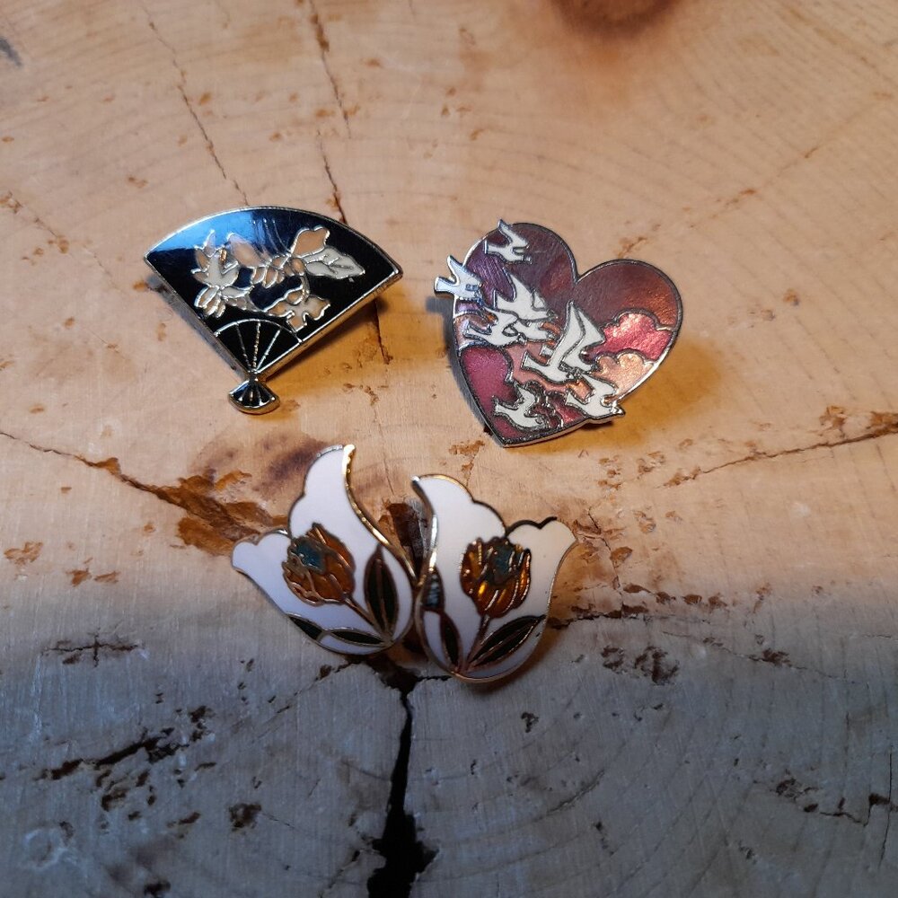 Vintage Enamel Jewelry Lot Tulip Earrings, Fan & Heart Pins
